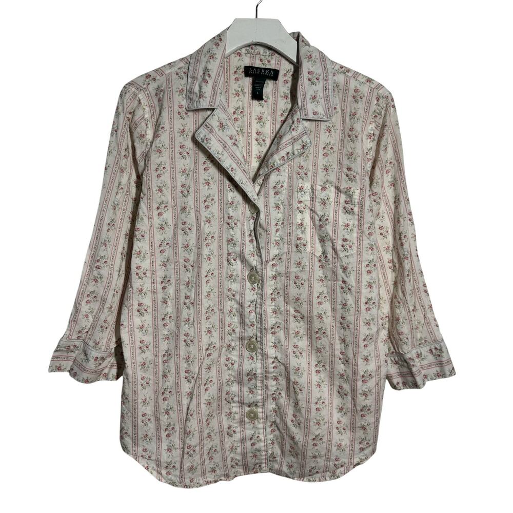 Lauren Ralph Lauren 100% Cotton Pajama Set Women White Pink Floral Tradwife Prep